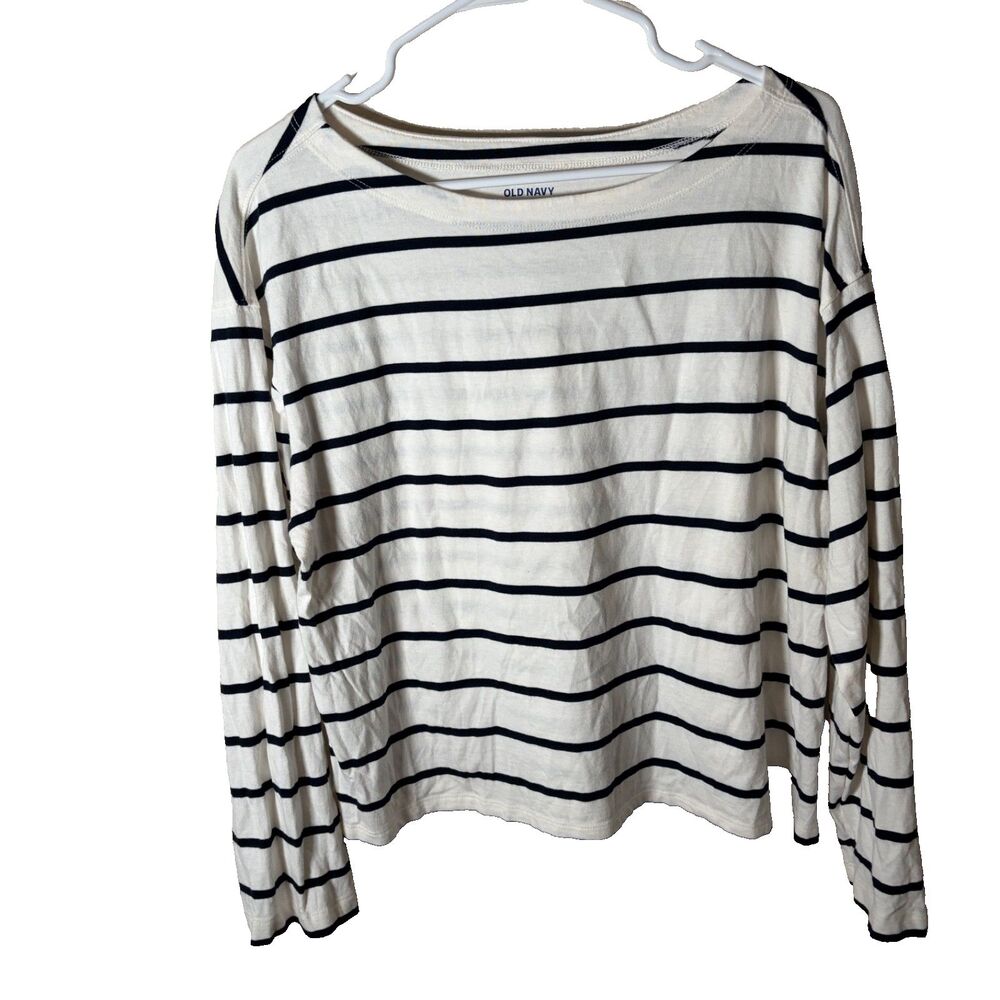 Old Navy T-Shirt Women's Large Ivory Striped Long Sleeve Boat Neck Top Shirt